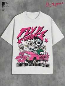 1 Piece Of Casual Summer T-Shirt For Boys, With "FLY CHOICE" Skull Graphic Print, Classic Crew Neck, Soft And Breathable Fabric – Perfect For Outdoor Activities. 180g 100% Cotton. - 白色的 - 查看 6