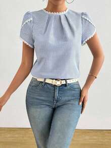Camisa de mujer elegante y casual con mangas abombadas y volantes de unicolor - Azul - Ver 3