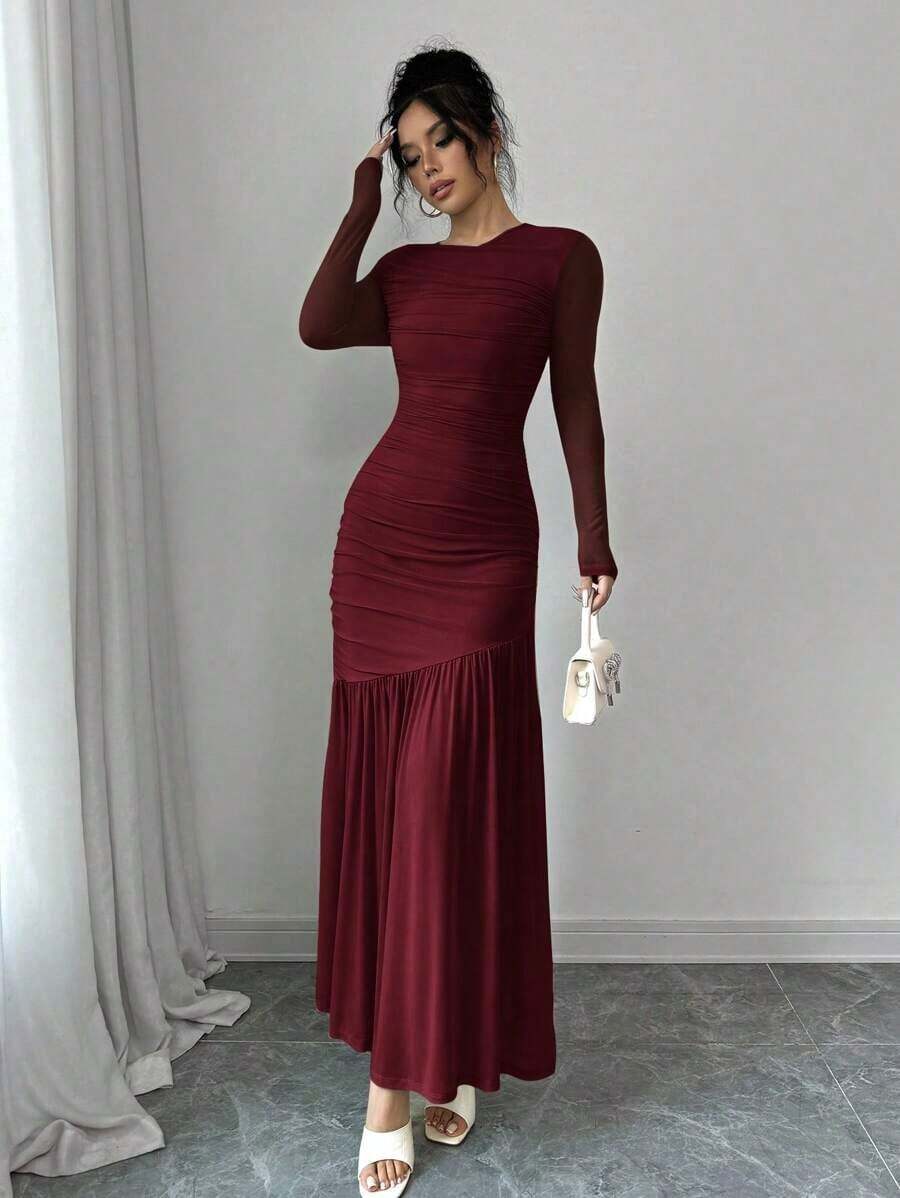 Vestido largo de manga larga con cuello redondo y malla para mujer, vestido casual de otoño.Adecuado para ropa de otoño, atuendo de regreso a clases, atuendo de maestro - Burdeos - Ver 1