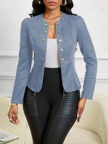 Lady Chaqueta abierta con detalles de botones en ante negro para otoño/invierno - Niebla azul - Ver 7