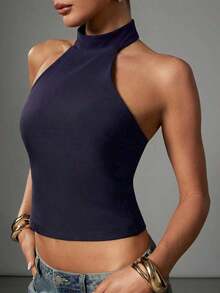 Top de tirantes ajustado y corto de color liso casual para mujer - Azul - Ver 3