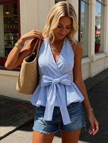 2026 Nueva llegada Blusa de mujer con estilo envolvente y detalle de lazo, patrón de rayas clásico - Versátil para uso casual diario, oficina, viajes relajados - Multicolor 8 - Ver 5
