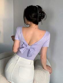 Camiseta ajustada de mujer de manga corta y escote redondo sin espalda de unicolor, top halter de verano - Morado - Ver 1