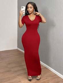Vestido ajustado corto de manga corta con cuello en V liso para baile de graduación - Burdeos - Ver 3
