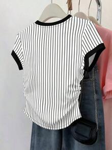 Set de 3 blusas de mujer con estampado de rayas, cuadros y gráficos, de manga corta y con efecto de cintura ceñida - Multicolor 12 - Ver 2