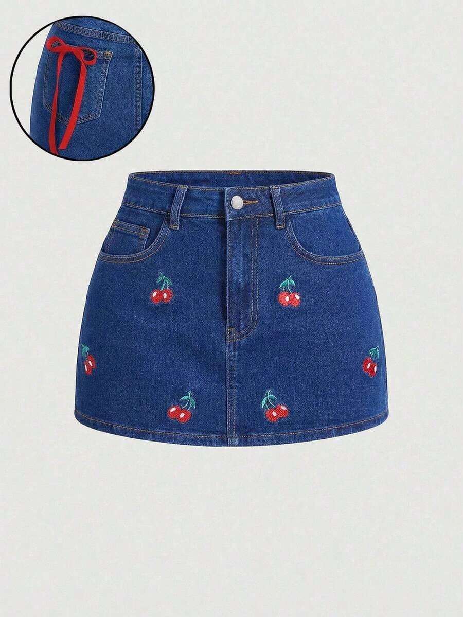 MOD Falda vaquera casual con bolsillo bordado con cerezas para mujer - Azul - Ver 1