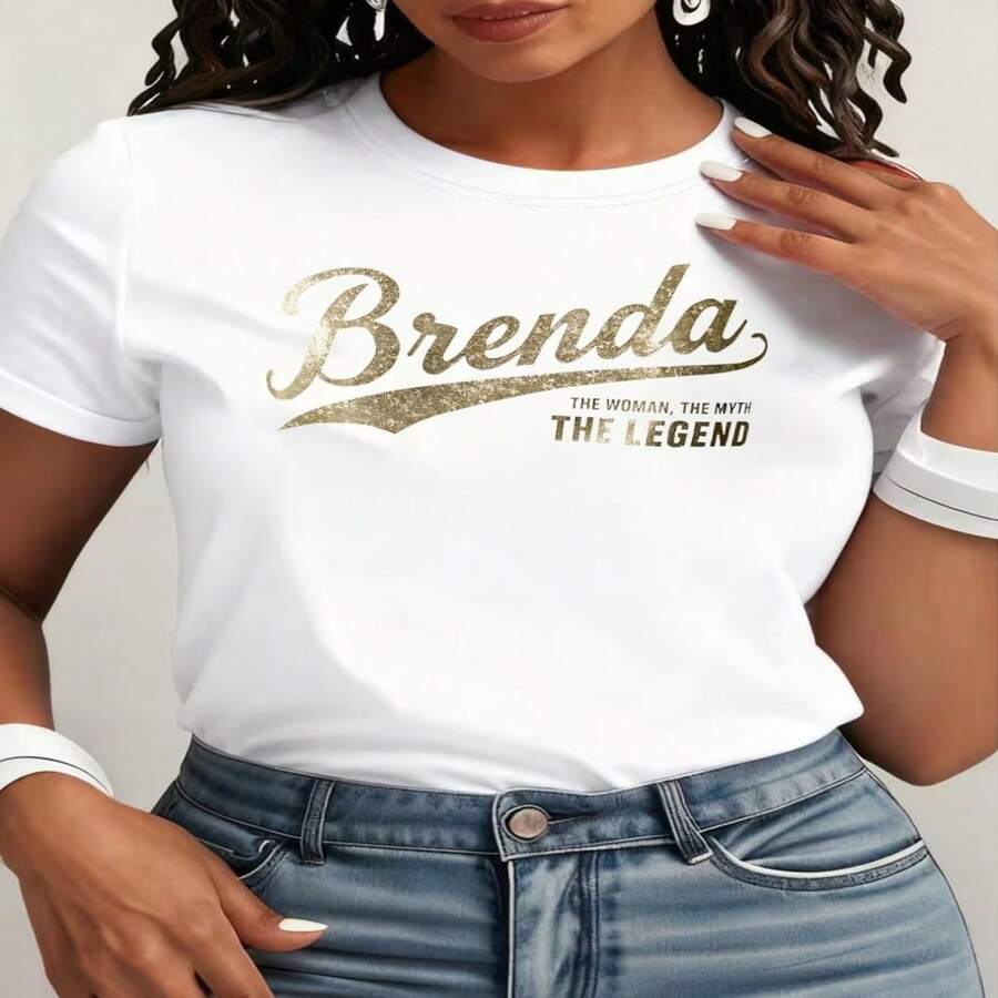 Plus Size Wo'S Casual T-Shirt, Brenda, The , Wo'S Everyday Comfortable Loose-Fitting Crew Neck Printed T-Shirt, Suitable for All Seasons, hine Washable, Vaine'S Day Wo'S Clothing, Date Outfit, Cistmas, y Outfit - Blanco - Ver 1
