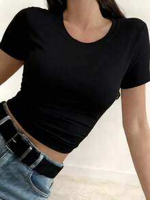 Camiseta de manga corta minimalista de unicolor para mujer, uso casual de todos los días en verano - Negro 2 - Ver 4