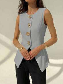 Chaleco casual de verano con botones delanteros y estampado de lunares para mujer - Celeste - Ver 4