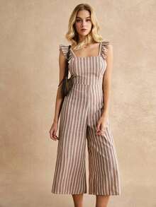 Frenchy Jumpsuit sisa con fruncido con cordón trasero de rayas - Caqui - Ver 3