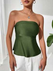 Top bandeau plisado de unicolor para vacaciones de mujer - Verde Oliva - Ver 4
