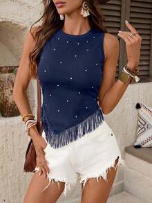Top corto con flecos y tachuelas de estilo bohemio y western para festivales de música de verano, conciertos occidentales y raves europeas de verano para mujeres - Azul marino - Ver 6