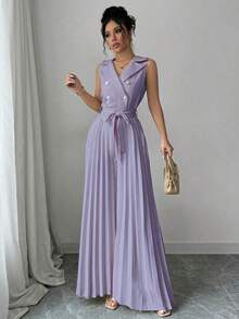 Mono elegante de mujer con diseño de doble botonadura y plisado en color albaricoque, para primavera y otoño - Púrpura malva - Ver 4