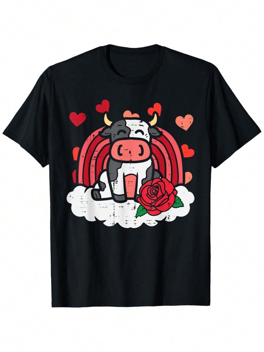 Valentine's Day T-Shirt With Rainbow And Cute Cow Print, 100% Cotton, Loose Fit, Crew Neck - Hand Wash Or Dry Clean Only - 黑色 - 查看 1