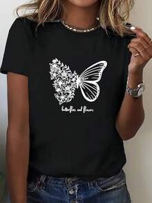 Women's T-Shirt, 100% Pure Cotton, Bohemian Style, With Artistic Floral Print, Casual, Basic, Short Sleeve, Fashionable. Women's T-Shirt With Vintage Bohemian Pattern, 100% Cotton, Soft, Breathable, Round Neck, Short Sleeve, Urban Boho Style. - 黑色 - 查看 7