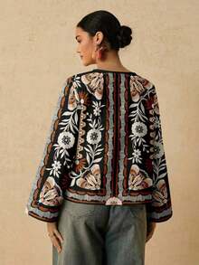 Camisa casual versátil de uso diario con estampado floral y nudo delantero para mujer de talla grande - Multicolor - Ver 2