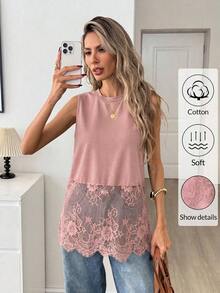 Top sin mangas de mujer con cuello redondo y dobladillo de encaje, primavera/verano - Rosa vieja - Ver 5