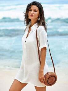 Conjunto de ropa de playa para mujer- Vestido de baño con cuello en V sin mangas como cobertor casual de playa - Blanco - Ver 1