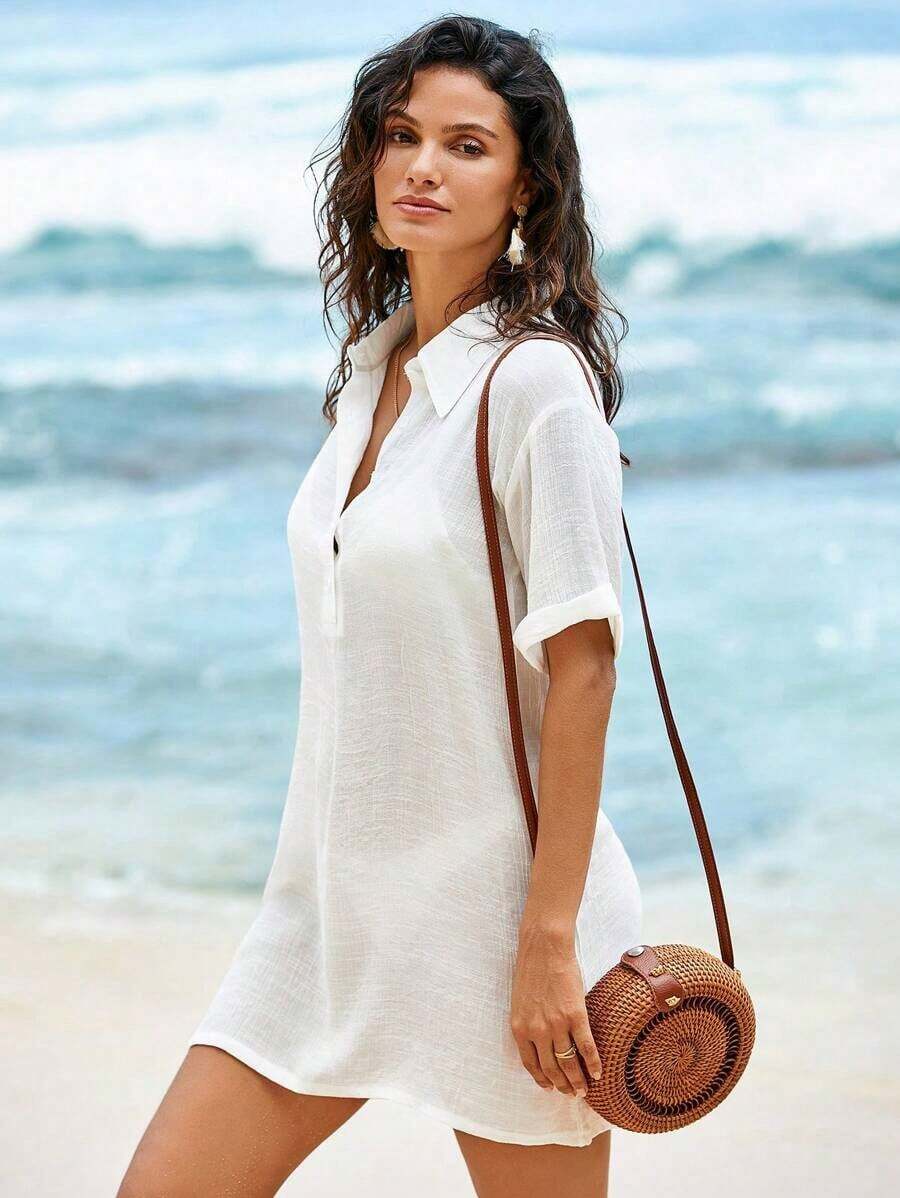 Conjunto de ropa de playa para mujer- Vestido de baño con cuello en V sin mangas como cobertor casual de playa - Blanco - Ver 1