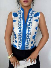 Blusa con cuello en V, estampada y sin mangas con cierre a media altura - Multicolor 2 - Ver 4