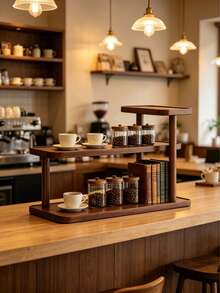 1pc Vintage Wooden Desktop Organizer, Multi-Layer Cosmetic Storage Rack, Multi-Functional Home Storage Rack, Kitchen Spice Rack, Cup/Mug Holder, Lipstick, Perfume, Teacup, Spice Jar Open Display Shelf, Space-Saving Countertop Rack - Walnut - View 5