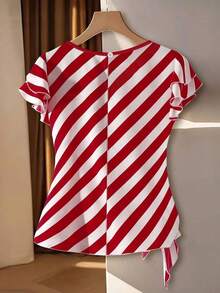CURVE Blusa de manga corta con volantes y diseño de lazo lateral, de talla grande para mujer, nueva para primavera/verano, elegante y dinámica, con rayas, versátil, de color rojo y blanco, para uso casual y de vacaciones - Rojo - Ver 2