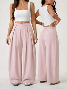 Pantalones anchos de verano con dobladillo curvo verde, estilo vintage, casual y para salir - Rosa - Ver 2