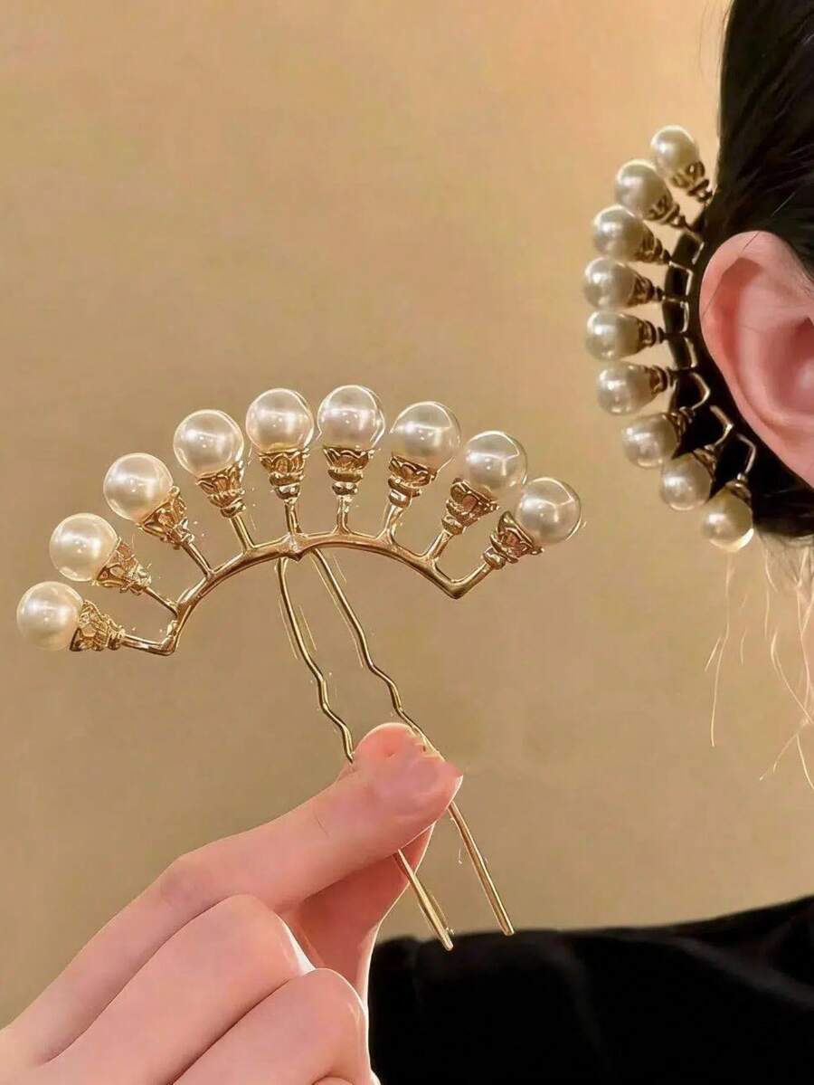 2个复古U型仿珍珠发夹,花朵发饰,适合日常发型、服装搭配、摄影、婚礼、旅行、生日等场合,爪夹式发夹 - 彩色 - 查看 1