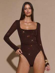 Body De Manga Larga Con Cuello Cuadrado Para Mujer - Marrón - Ver 8