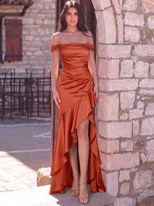 Vestido de noche formal con diseño de volantes y abertura alta, adecuado para asistir a galas, fiestas de etiqueta, bodas y cenas formales - Naranja - Ver 3