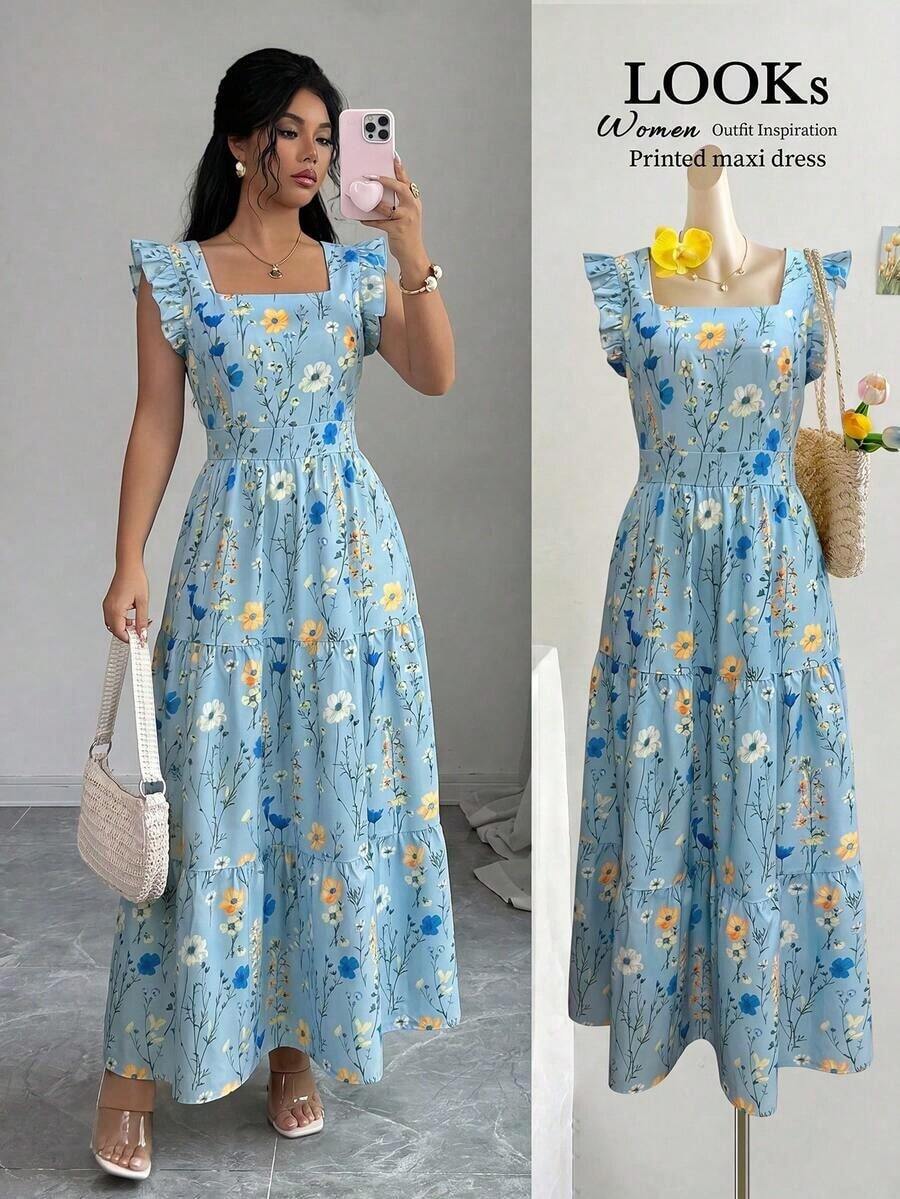 Women's Dress With A Square Neckline, Fitted Waist, And Flared Sleeves In A Multicolored Print. Elegant And Sophisticated, Suitable For Valentine's Day, Easter, Labor Day, Birthdays, Dates, Parties, Formal Occasions, Teacher Outfits, High-Vibe Looks, Travel And Vacations, Streetwear, Spring And Summer. - 彩色 - 查看 1