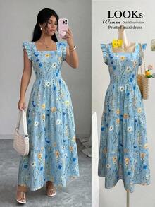 Women's Dress With A Square Neckline, Fitted Waist, And Flared Sleeves In A Multicolored Print. Elegant And Sophisticated, Suitable For Valentine's Day, Easter, Labor Day, Birthdays, Dates, Parties, Formal Occasions, Teacher Outfits, High-Vibe Looks, Travel And Vacations, Streetwear, Spring And Summer. - 彩色 - 查看 12