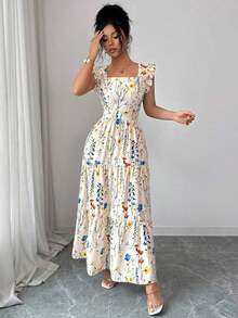 Women's Dress With A Square Neckline, Fitted Waist, And Flared Sleeves In A Multicolored Print. Elegant And Sophisticated, Suitable For Valentine's Day, Easter, Labor Day, Birthdays, Dates, Parties, Formal Occasions, Teacher Outfits, High-Vibe Looks, Travel And Vacations, Streetwear, Spring And Summer. - 灰色 - 查看 5