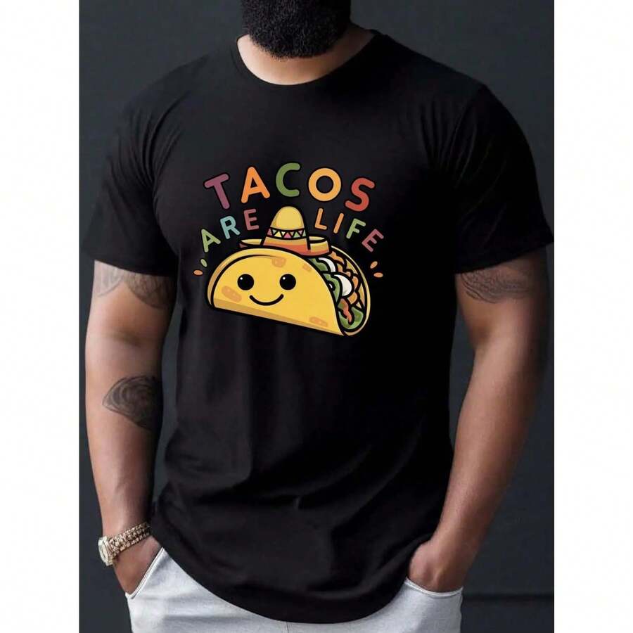 Los tacos son vida "   Camiseta de hombre - Cuello redondo casual. Manga corta. Poliéster transpirable - Perfecta para el verano. Camisetas gráficas para hombre, tops cortos, conjuntos de verano para hombre, tops de verano, camiseta. - Negro - Ver 1