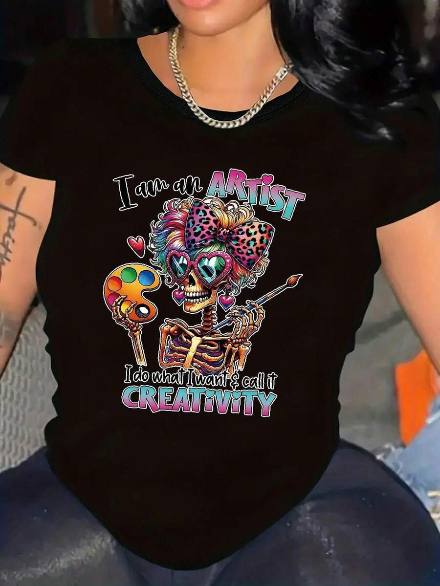 Camiseta Gráfica Retro para Mujer - Diseño "Soy un Artista" con Esqueleto y Paleta de Pintura, Corte Cómodo, Cuello Redondo, Manga Corta, Lavable a Máquina, para Eventos Artísticos y Atuendo Casual - Camiseta Casual para Primavera, Verano y Otoño, Regalo Perfecto para Artistas - Estilo Urbano Vintage, Unisex, de Algodón, Manga Corta, Cuello Redondo. - Negro - Ver 1