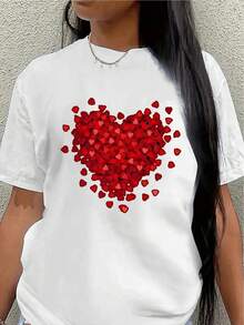 Short-Sleeved T-Shirt With Red Heart Print, Lightweight And Durable, Perfect For Casual Wear, Suitable For Home, Restaurants Or Outdoor Activities, Comfortable Fit, Ideal For Everyday Wear. - 白色 - 查看 1