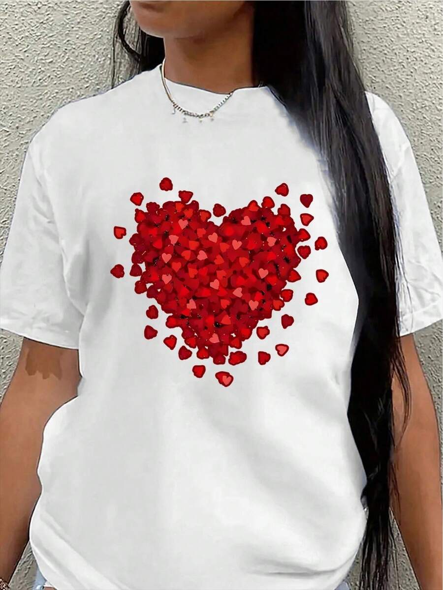 Short-Sleeved T-Shirt With Red Heart Print, Lightweight And Durable, Perfect For Casual Wear, Suitable For Home, Restaurants Or Outdoor Activities, Comfortable Fit, Ideal For Everyday Wear. - 白色 - 查看 1