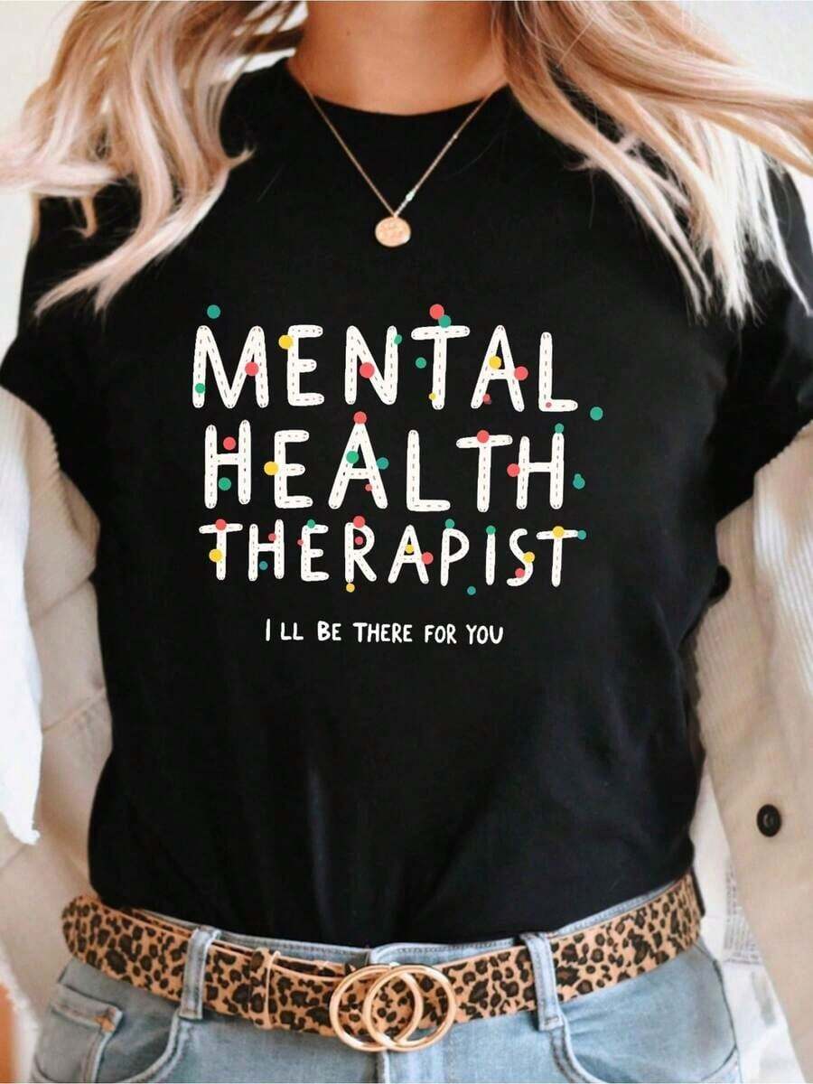 Camiseta casual de manga corta con cuello redondo para mujer, con un estampado relacionado con la terapia de salud femenina, perfecta para la moda de primavera y verano. - Negro - Ver 1