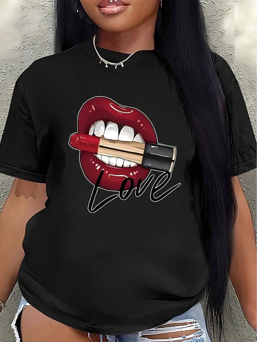 Camiseta de manga corta, ligera y duradera, con un diseño de corazón de lápiz labial, es perfecta para salidas informales o para relajarse en casa, ofreciendo una experiencia de uso diario cómoda.women's shirts - Negro - Ver 1
