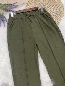 High-Waisted Wide-Leg Pants With Crease, Plain Wool, For Winter. - Army Green - View 4