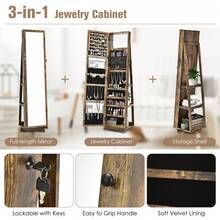 GOFLAME Free Standing Mirrored Jewelry Cabinet 360° Rotating Jewelry Armoire Lockable Jewelry Organiser With Full Length Mirror 96 Ring Slots - Rust Brown - View 2