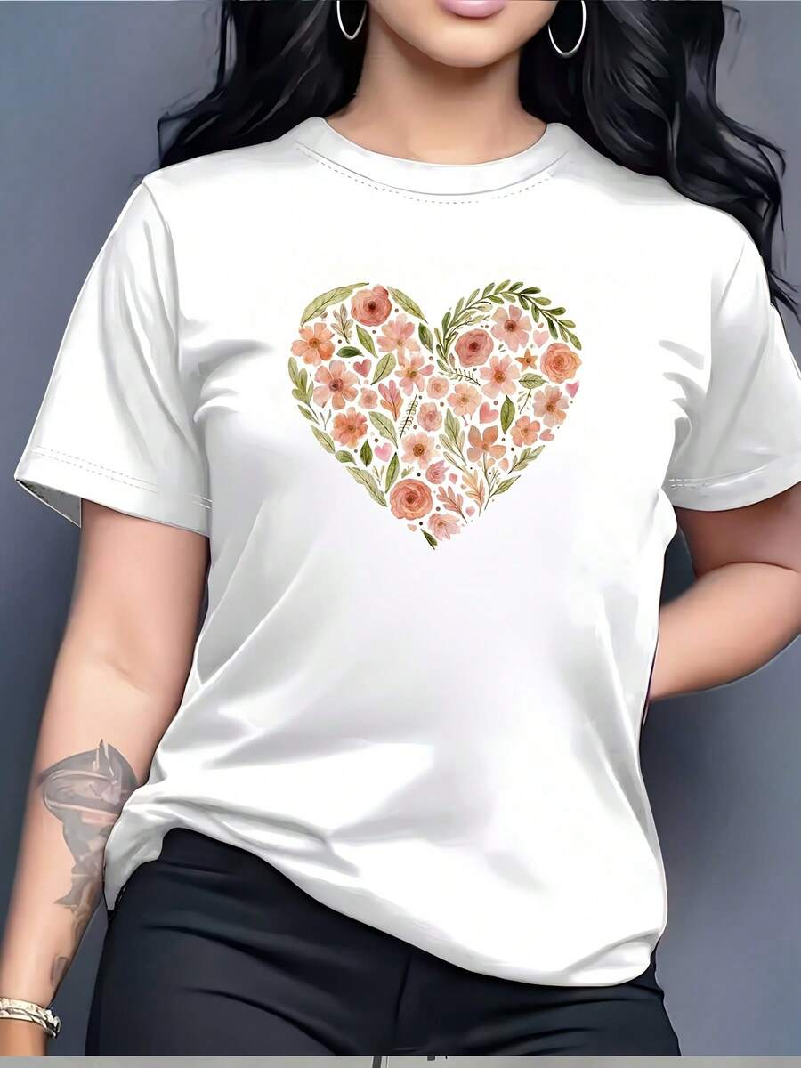 180g Floral Heart Print T-Shirt For Everyday Wear - Perfect For Family Gatherings, Corporate Events, And Team Building Parties! Ideal For Valentine's Day, Birthdays, And Other Special Occasions. - 白色 - 查看 1