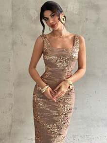 Vestido largo con cuello cuadrado, espalda descubierta y abertura, vestido de noche de lentejuelas, vestido de fiesta sexy y elegante, vestido de lentejuelas sin mangas, vestido de lentejuelas con flores 3D, adecuado para primavera, verano, otoño, invierno, elegante, ir al trabajo, citas, fiestas, bodas, graduaciones, actuaciones, conciertos, regreso a clases, reuniones anuales, cumpleaños, vacaciones - Marrón - Ver 6