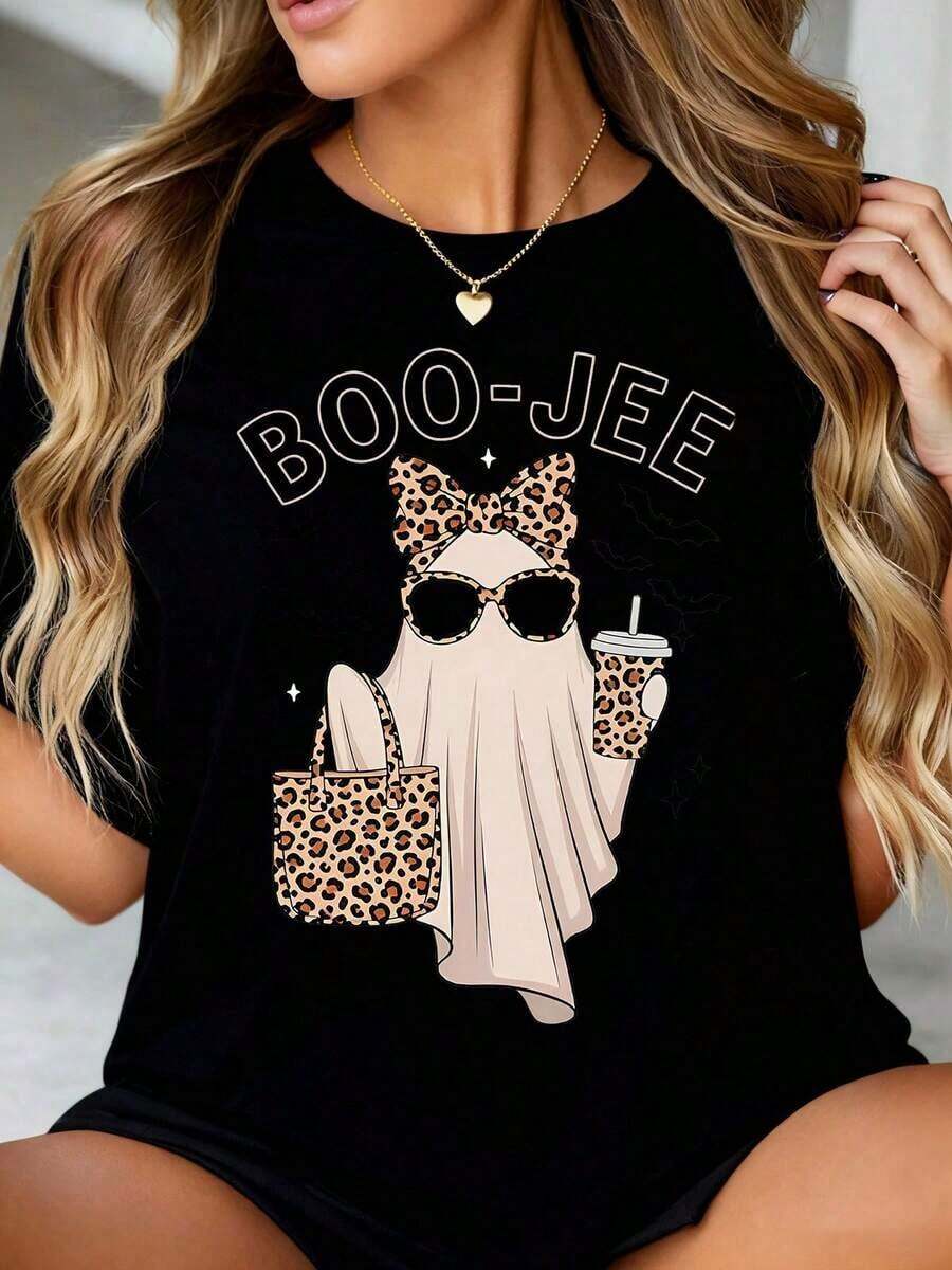 tops de mujergraphic teesCamiseta De Mujer Con Diseño De Fantasma Leopardo De Halloween "BOO-" Con Gráficos Divertidos Y Oversized, Con Gafas De Sol, Bolso Y Diseño De Bebida Para La Temporada De Miedocotton summer topsplayeras de mujer algodon - Negro - Ver 1