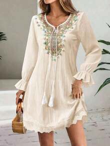 Vestido de mujer con cuello bordado en V, detalles con borlas de colores, mangas largas con volantes, decoración con borlas, vestido elegante de playa y vacaciones para primavera - Albaricoque - Ver 5
