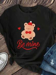 Camiseta de punto con diseño de oso "Pasa tiempo conmigo" para el Día de San Valentín - Gorro rojo, pajarita y decoración en forma de corazón combinados con un acogedor diseño de oso, base blanca suave - Camiseta cómoda y holgada, adecuada para regalar y para citas románticas, un artículo imprescindible para primavera, verano y otoño, camiseta casual de manga corta. 100% Algodón - Estilo Vintage Urbano Unisex, Camiseta Holgada de Manga Corta con Cuello Redondo de Algodón, blusas para mujer. blusas.blusas casuales para dama.Impresión de osos cariñosos.Camiseta estampada Impresión de osos cariñosos. - Negro - Ver 2