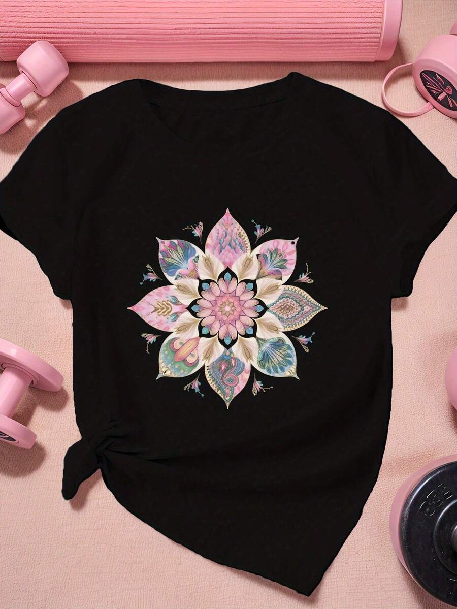 Women's Short-Sleeved Sports T-Shirt, Lightweight And Loose, Comfortable And Stylish, Suitable For Sports And Daily Life, With Floral Print, Casual Outfit For Everyday Wear. - 黑色 - 查看 1