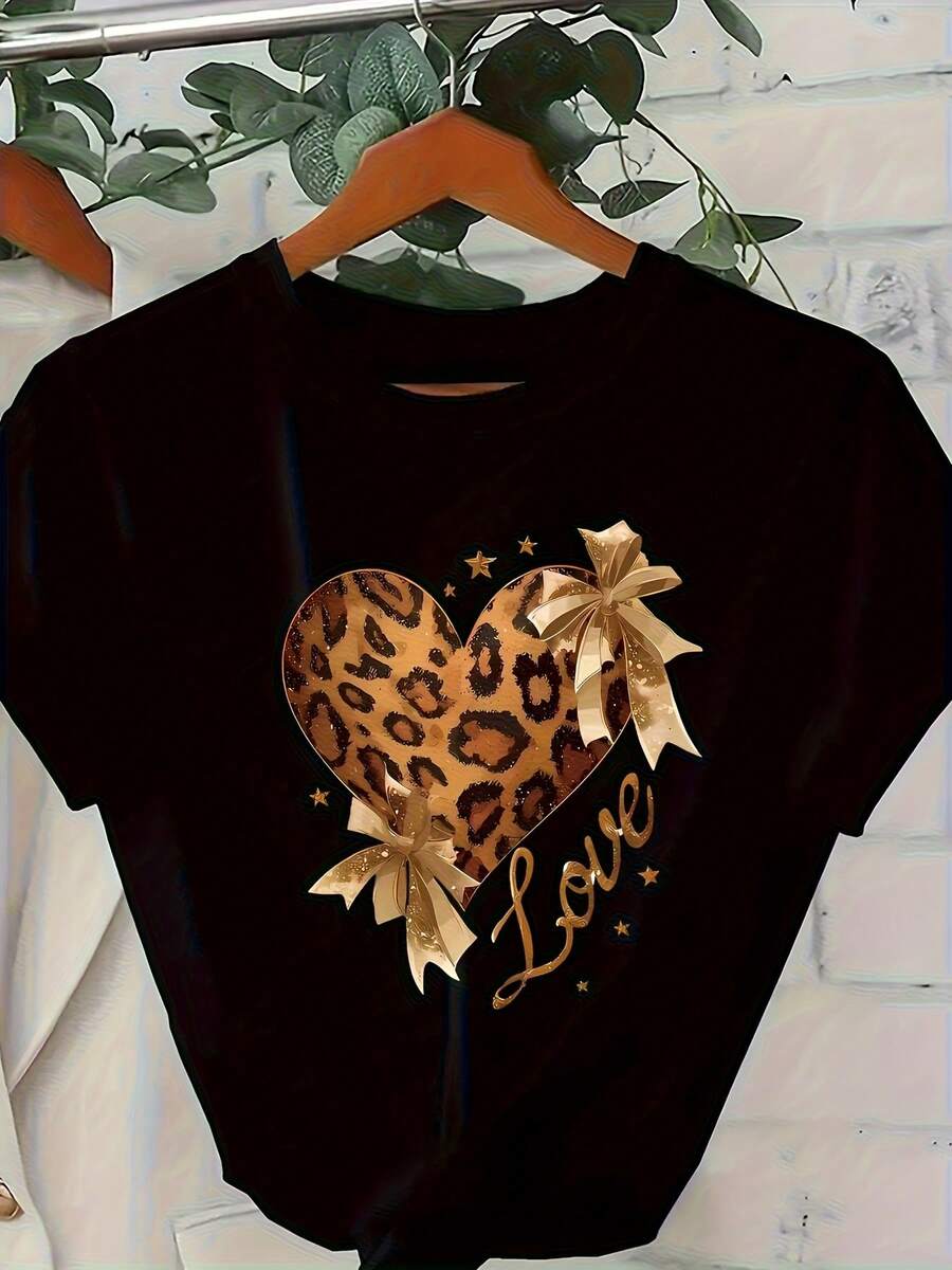 1 pieza de top casual de manga corta, estampado de leopardo con diseño de corazón, la primera opción para la moda femenina en primavera y verano, 180g 100% algodón. - Negro - Ver 1