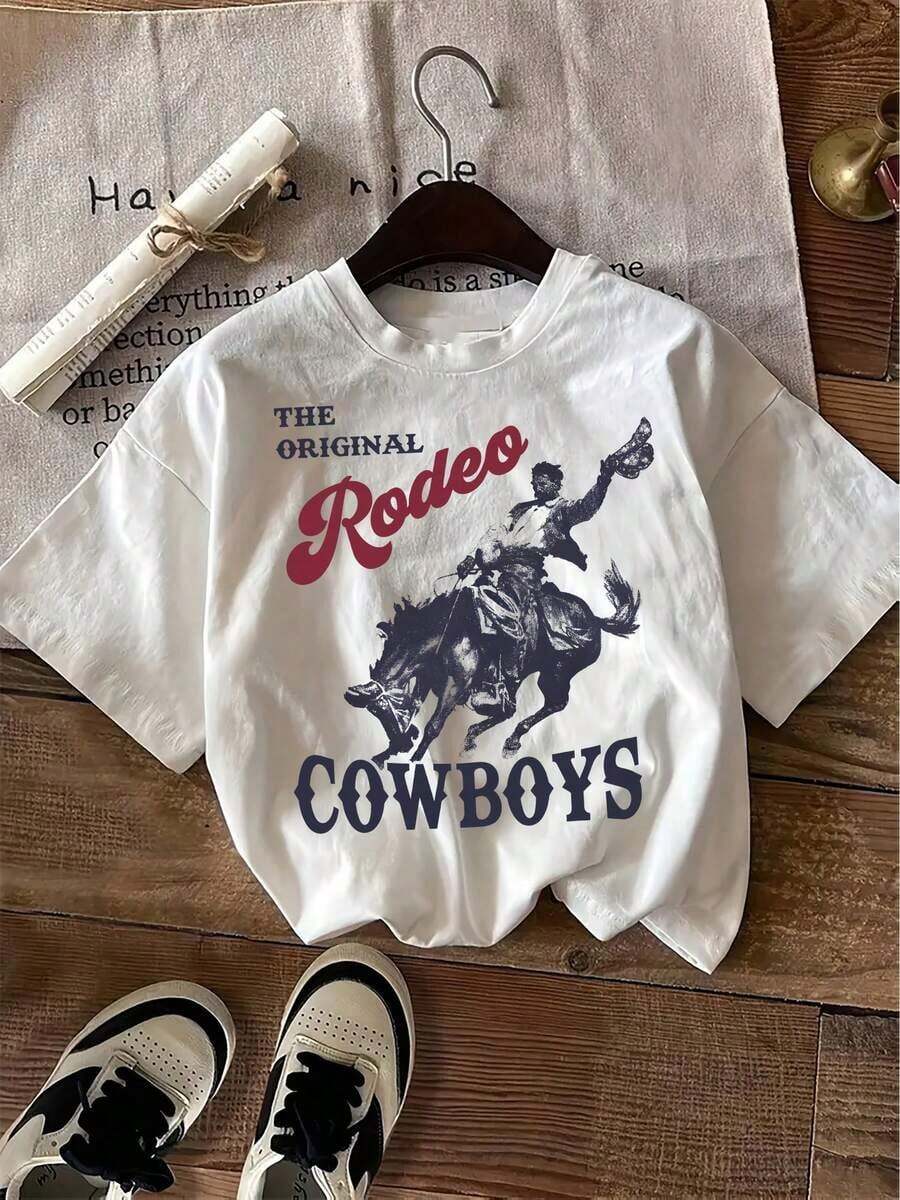 1 Piece Of Round Neck T-Shirt With Western Style Print, Casual Short Sleeve Top For Women, Women's Clothing, 180g 100% Cotton. - 白色 - 查看 1