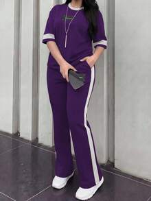 女款新款圓領短袖T恤與鬆緊腰寬鬆長褲兩件套，休閒日常穿著，春夏秋優雅風 - 紫色66+白 - 查看 2